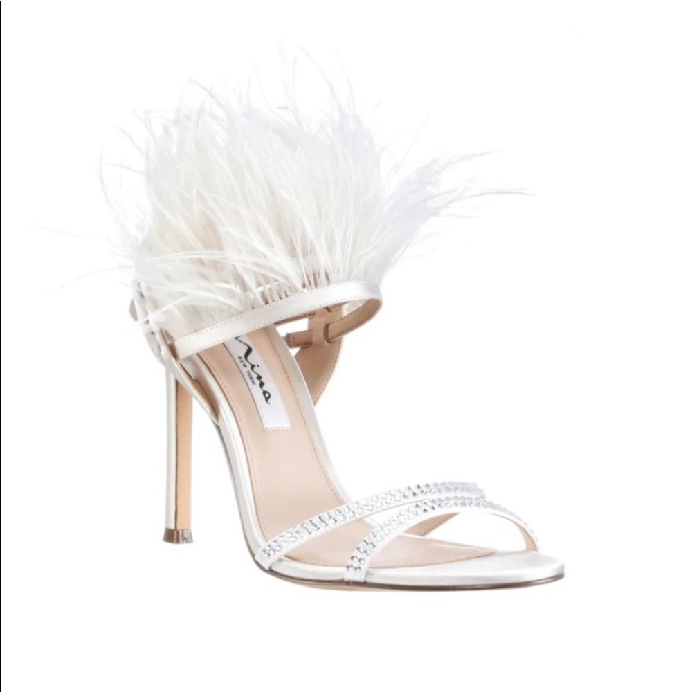 NINA Dalva Ivory Crystal Satin Feather Wedding Heel, size 8